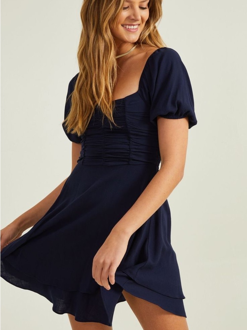 Navy Satin Puff Sleeve Dress